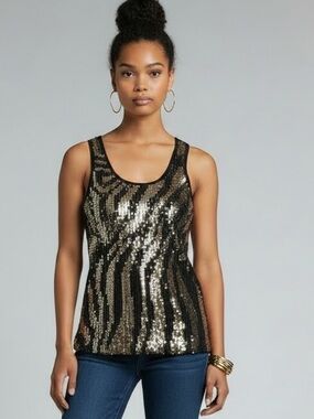 Marianne Women’s Scoop Neck Black Tank Top w Black/ Gold Sequins Size XL